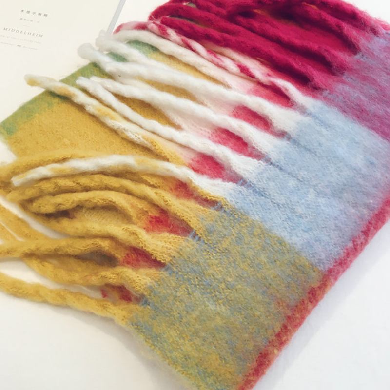 Kvinner Faux Cashmere Rainbow Patchwork Farge Tykt Varmt Rutete Mønster Dusk Sjal Skjerf