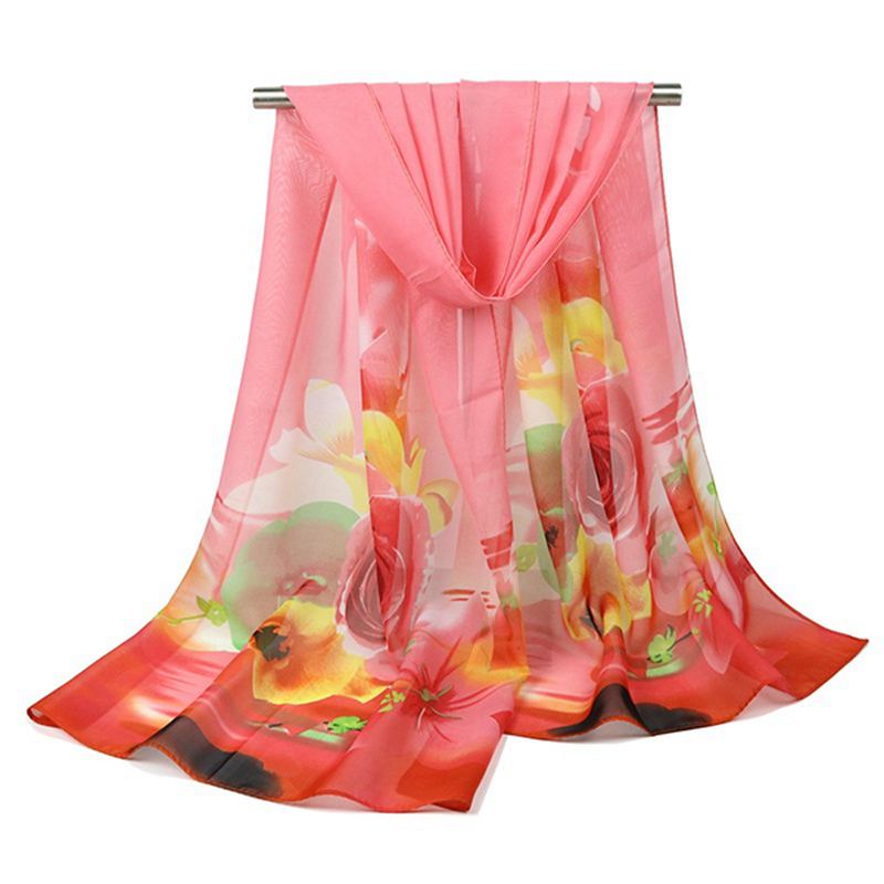 Kvinner Sommer Tynn Chiffon Skjerf Reise Rose Blomster Pustende Sjal