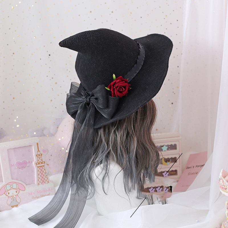 Lolita Retro Witch Hat Masquerade Rose Big Bue Wizard Hat Gothic Magical Girl Hat Cosplay Accessories Party Decor