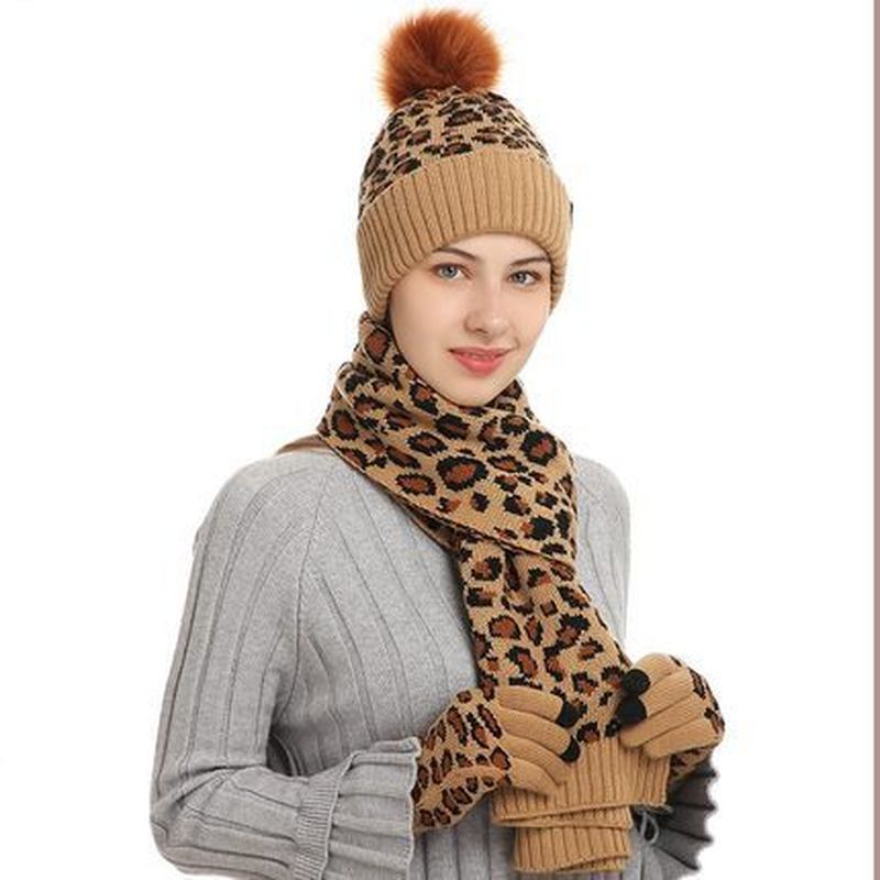 Winter Leopard Med Trykk Varm Strikket Ull Lue Skjerf Hansker Tre Deler Sett