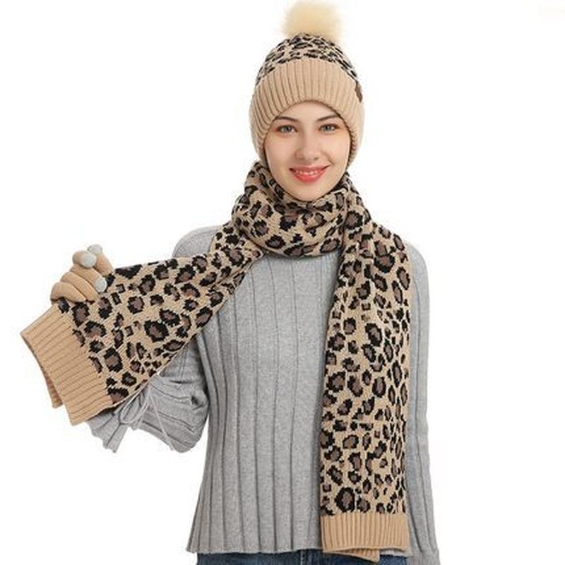 Winter Leopard Med Trykk Varm Strikket Ull Lue Skjerf Hansker Tre Deler Sett