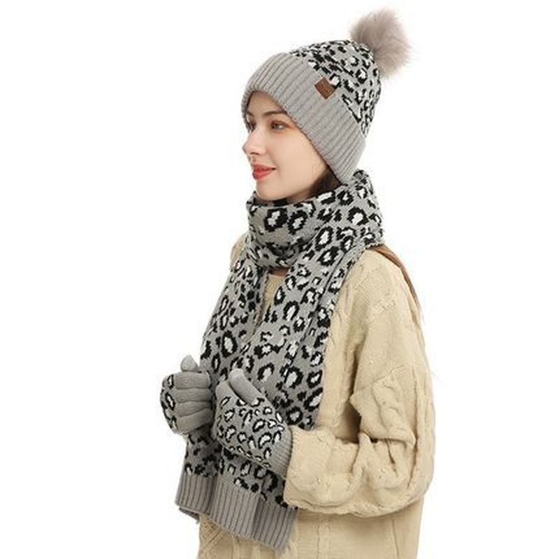 Winter Leopard Med Trykk Varm Strikket Ull Lue Skjerf Hansker Tre Deler Sett