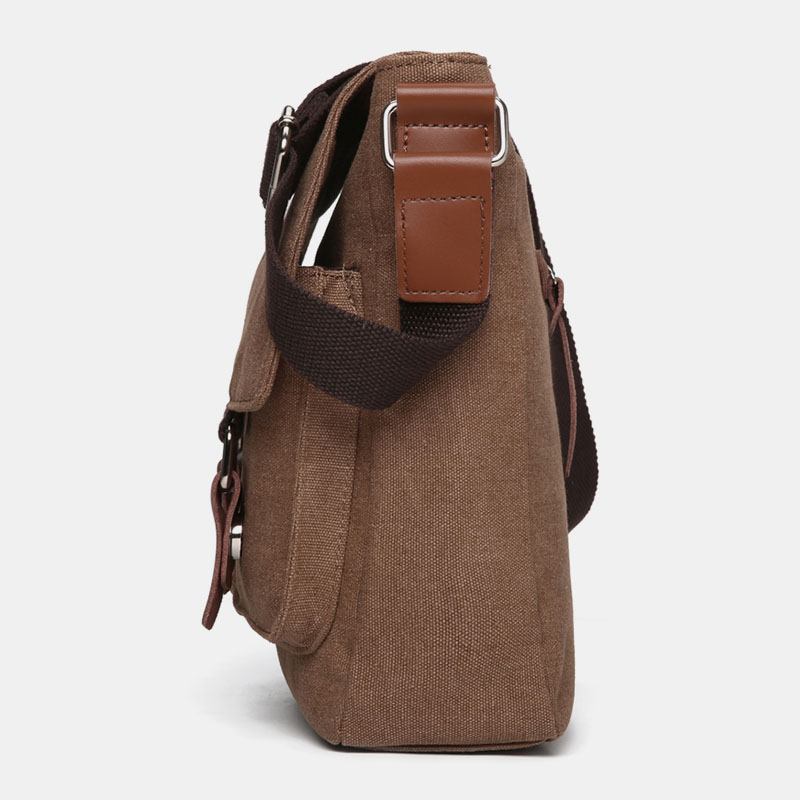 Dobbel Frontlomme For Menn Med Stor Kapasitet Crossbody-veske Retro Canvas Horisontal Ensfarget Anti-tyveri Skulderveske