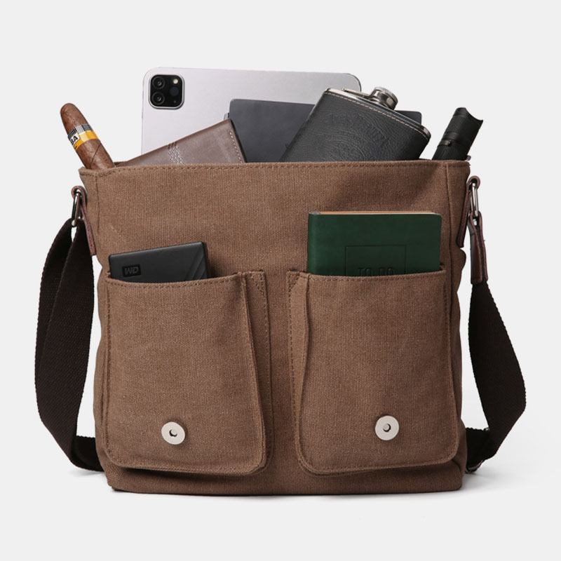 Dobbel Frontlomme For Menn Med Stor Kapasitet Crossbody-veske Retro Canvas Horisontal Ensfarget Anti-tyveri Skulderveske