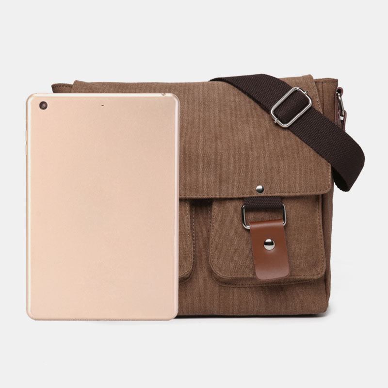 Dobbel Frontlomme For Menn Med Stor Kapasitet Crossbody-veske Retro Canvas Horisontal Ensfarget Anti-tyveri Skulderveske