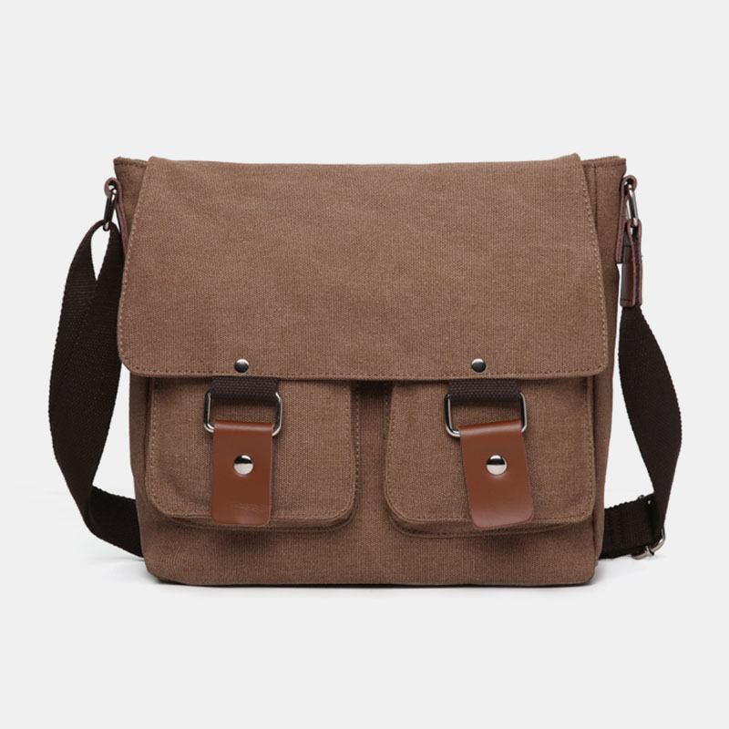 Dobbel Frontlomme For Menn Med Stor Kapasitet Crossbody-veske Retro Canvas Horisontal Ensfarget Anti-tyveri Skulderveske