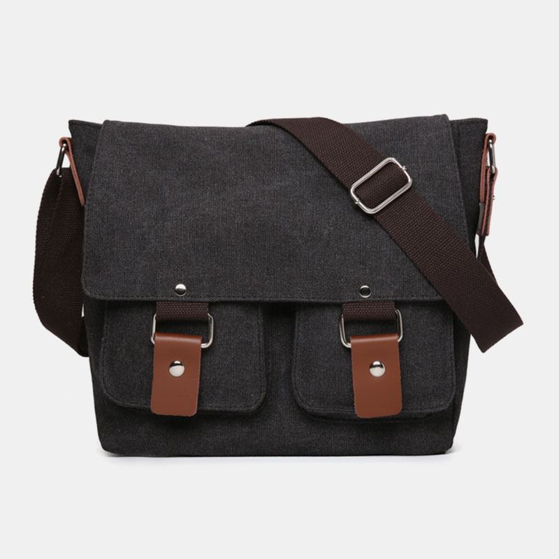 Dobbel Frontlomme For Menn Med Stor Kapasitet Crossbody-veske Retro Canvas Horisontal Ensfarget Anti-tyveri Skulderveske