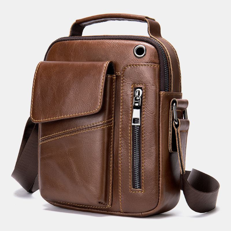 Menn Ekte Lær Multi-lommer Øretelefon Hull Vintage Vanntette Crossbody Vesker Skuldervesker