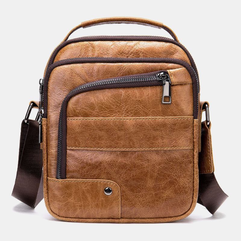 Menn Ekte Lær Multi-lommer Øretelefon Hull Vintage Vanntette Crossbody Vesker Skuldervesker