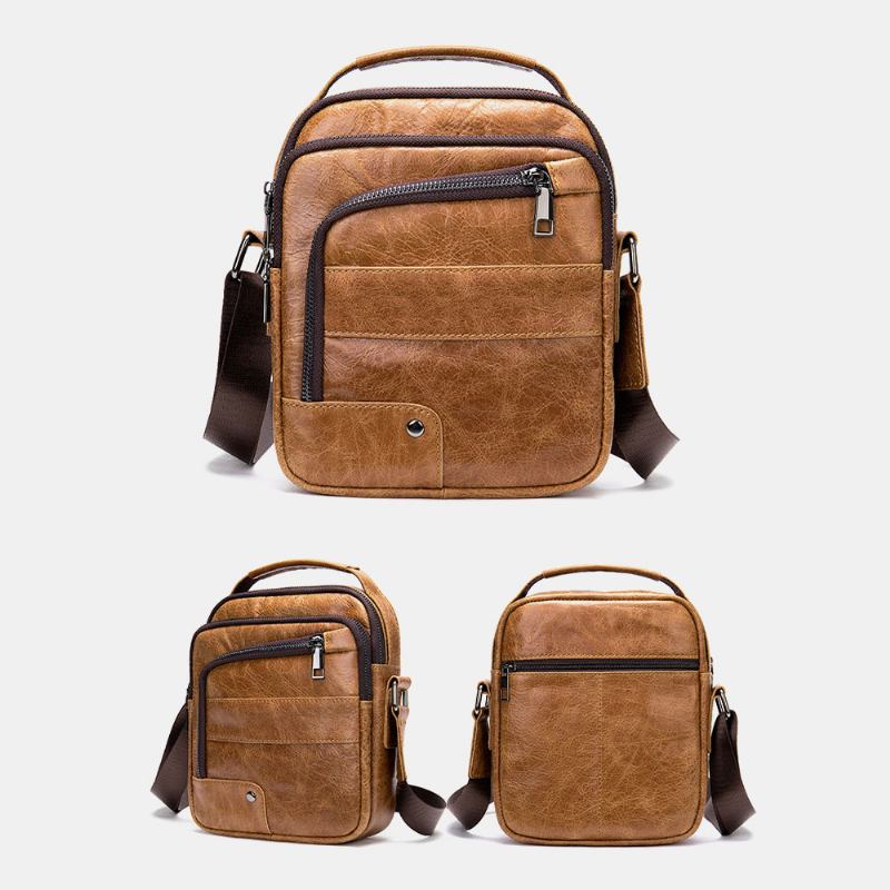 Menn Ekte Lær Multi-lommer Øretelefon Hull Vintage Vanntette Crossbody Vesker Skuldervesker