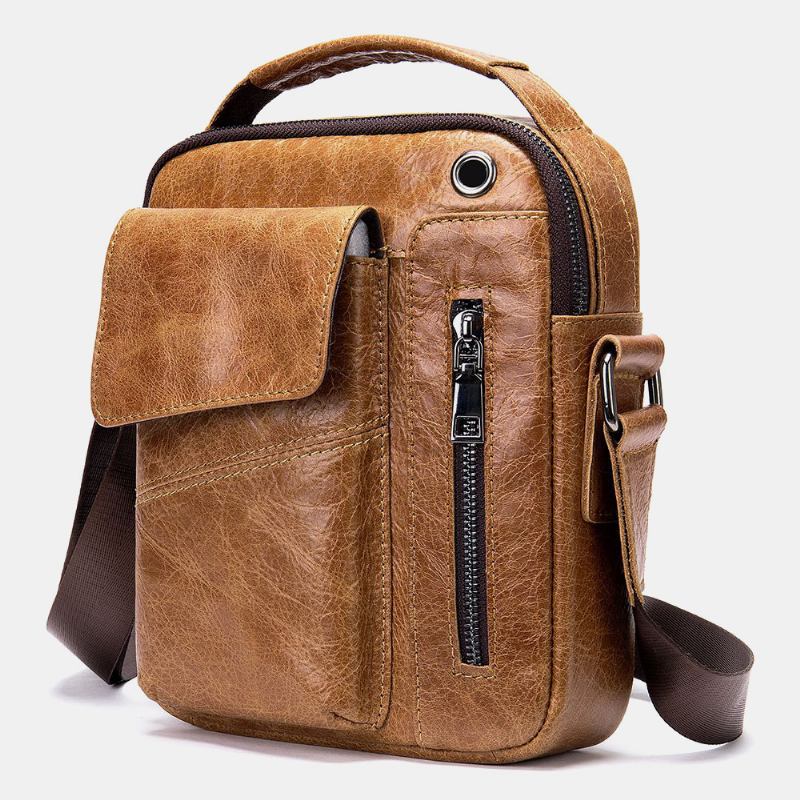 Menn Ekte Lær Multi-lommer Øretelefon Hull Vintage Vanntette Crossbody Vesker Skuldervesker