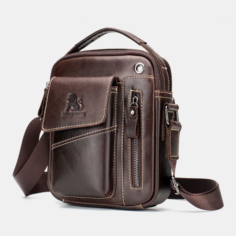 Menn Ekte Lær Slitasjebestandig Hodetelefonhull Multi-lomme Vintage Crossbody Veske Skulderveske