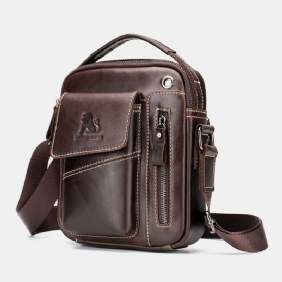 Menn Ekte Lær Slitasjebestandig Hodetelefonhull Multi-lomme Vintage Crossbody Veske Skulderveske