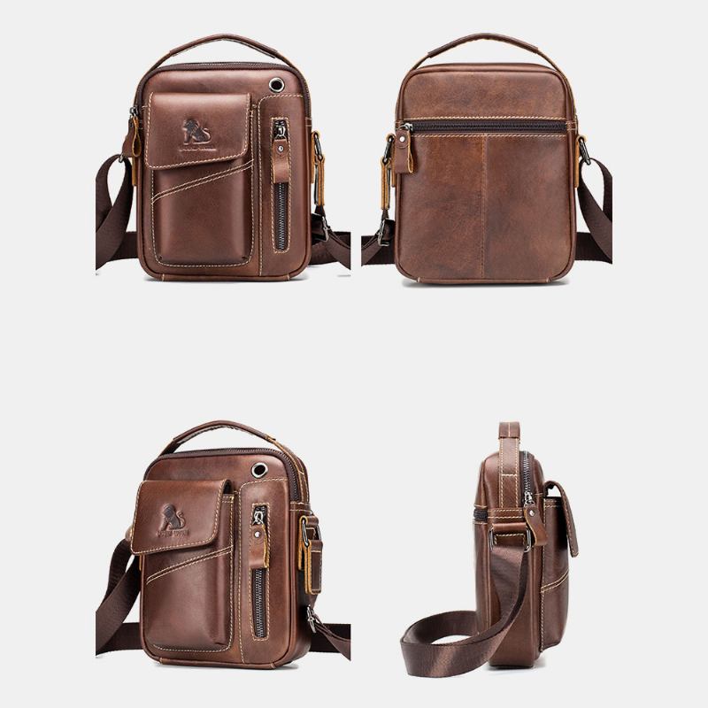 Menn Ekte Lær Slitasjebestandig Hodetelefonhull Multi-lomme Vintage Crossbody Veske Skulderveske