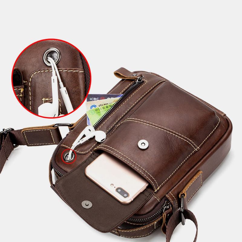 Menn Ekte Lær Slitasjebestandig Hodetelefonhull Multi-lomme Vintage Crossbody Veske Skulderveske