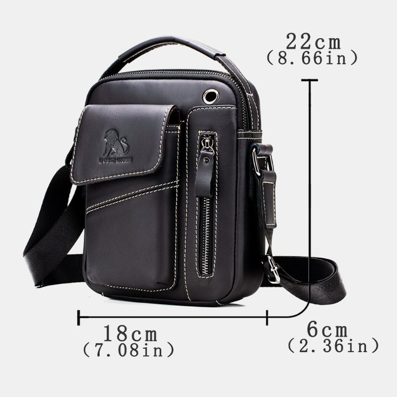 Menn Ekte Lær Slitasjebestandig Hodetelefonhull Multi-lomme Vintage Crossbody Veske Skulderveske