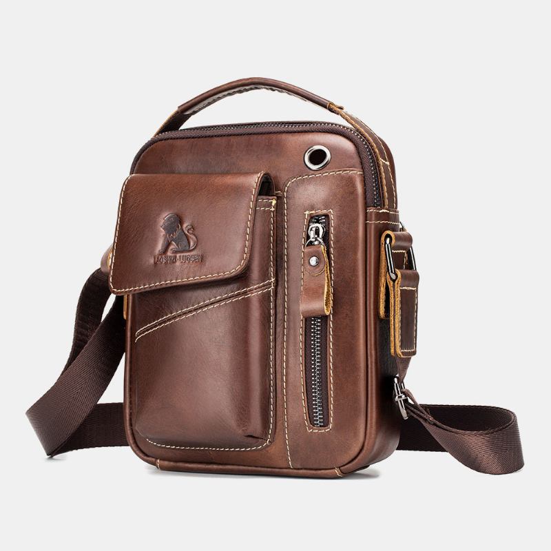 Menn Ekte Lær Slitasjebestandig Hodetelefonhull Multi-lomme Vintage Crossbody Veske Skulderveske