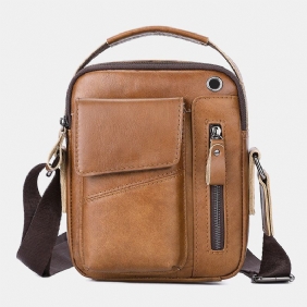 Menn Ekte Skinn Hodetelefonhull Med Flere Lommer Vintage 6.5 Tommers Telefonveske Crossbody-veske Skulderveske Messenger-koffert