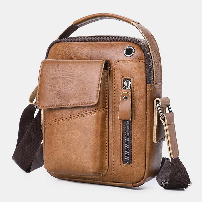 Menn Ekte Skinn Hodetelefonhull Med Flere Lommer Vintage 6.5 Tommers Telefonveske Crossbody-veske Skulderveske Messenger-koffert