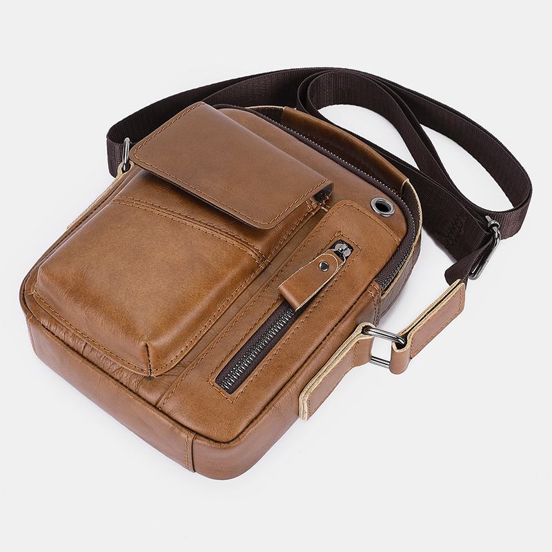 Menn Ekte Skinn Hodetelefonhull Med Flere Lommer Vintage 6.5 Tommers Telefonveske Crossbody-veske Skulderveske Messenger-koffert