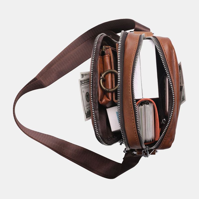 Menn Ekte Skinn Hodetelefonhull Med Flere Lommer Vintage 6.5 Tommers Telefonveske Crossbody-veske Skulderveske Messenger-koffert