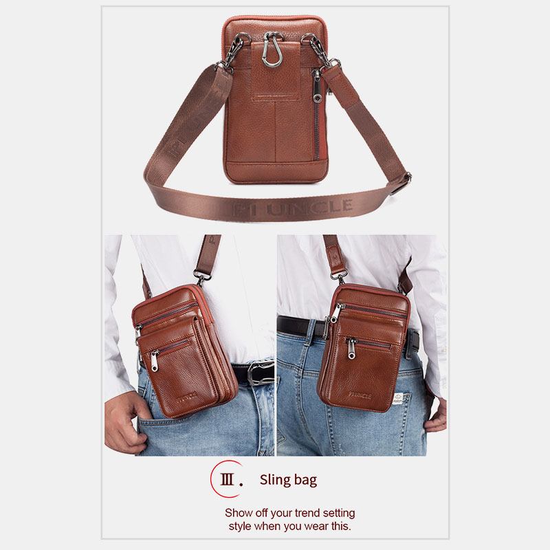 Menn Ekte Skinn Kuskinn Multi-carry Retro 7.2 Tommers Telefon Crossbody Veske Henge Belte Veske Midjeveske