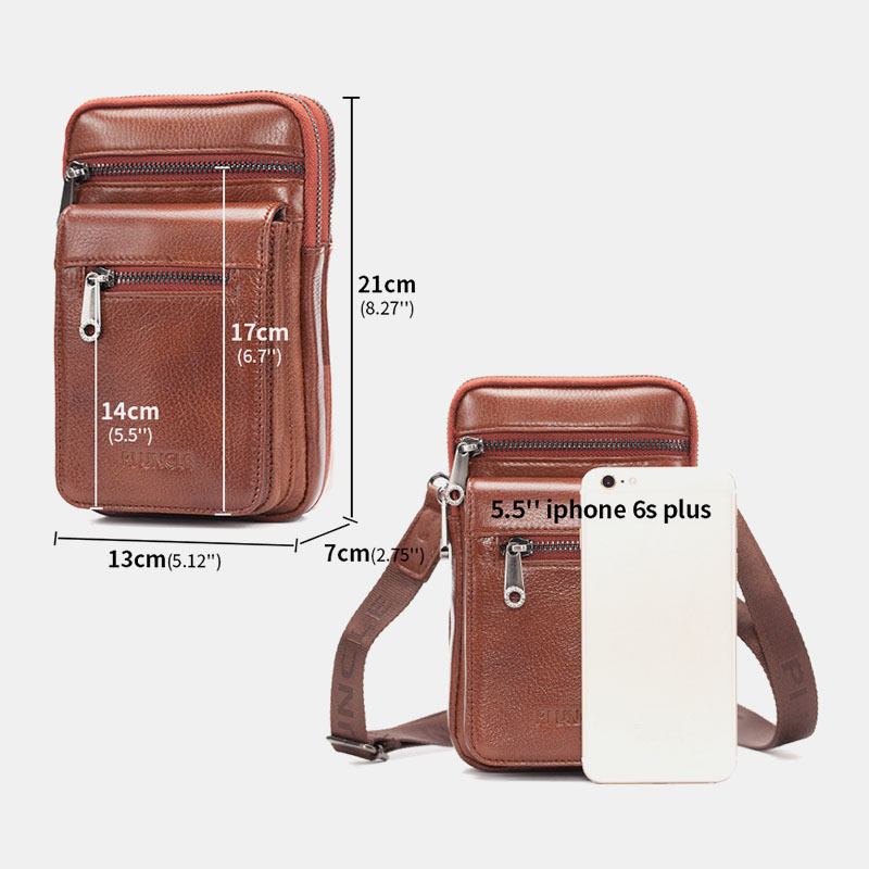 Menn Ekte Skinn Kuskinn Multi-carry Retro 7.2 Tommers Telefon Crossbody Veske Henge Belte Veske Midjeveske