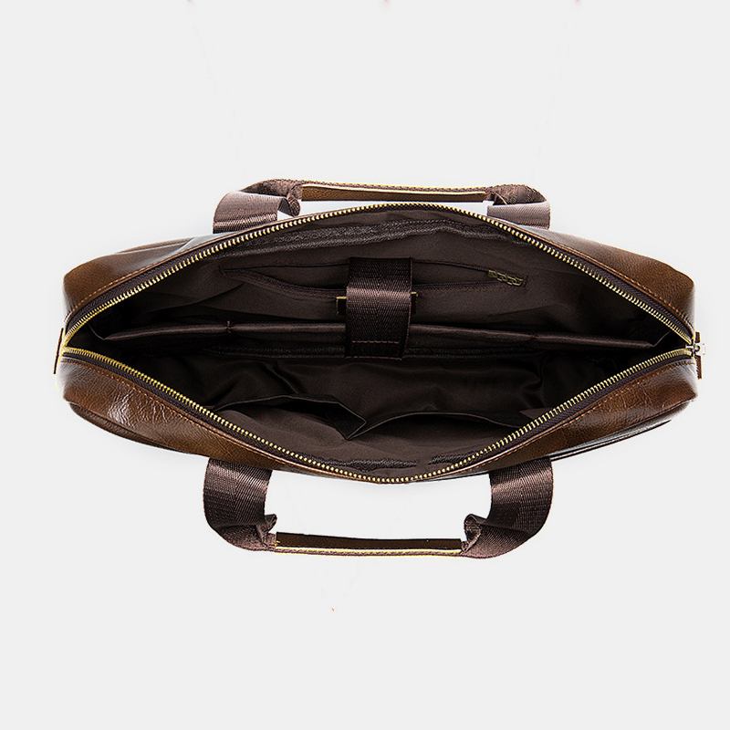 Menn Ekte Skinn Multi-lomme 14 Tommers Bærbar Veske Koffert Business Handbag Crossbody Bag