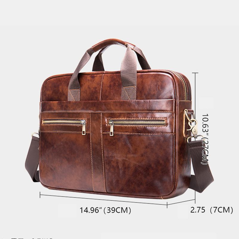 Menn Ekte Skinn Multi-lomme 14 Tommers Bærbar Veske Koffert Business Handbag Crossbody Bag