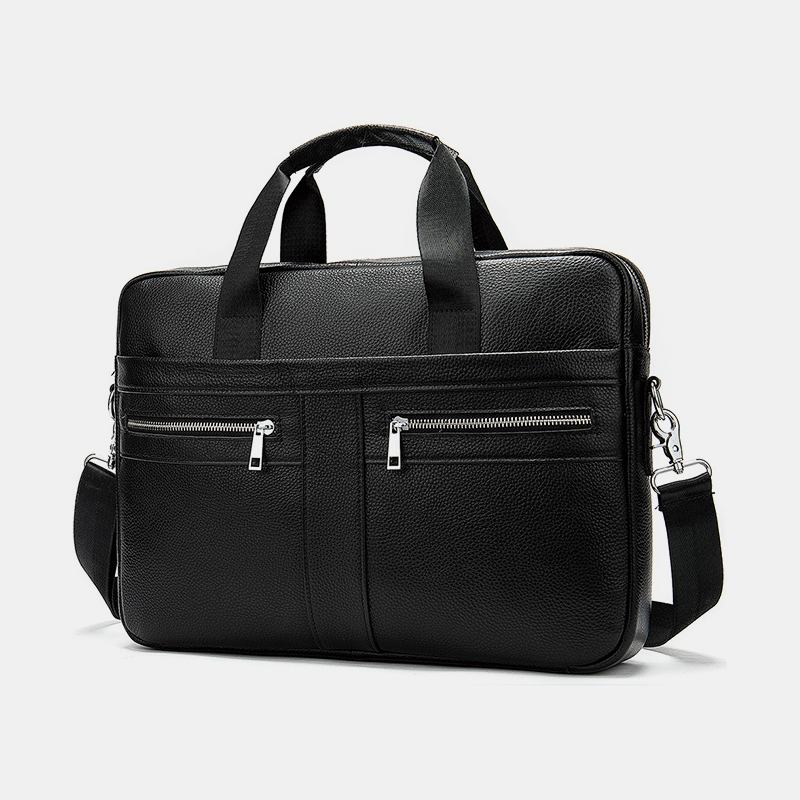 Menn Ekte Skinn Multi-lomme 14 Tommers Bærbar Veske Koffert Business Handbag Crossbody Bag