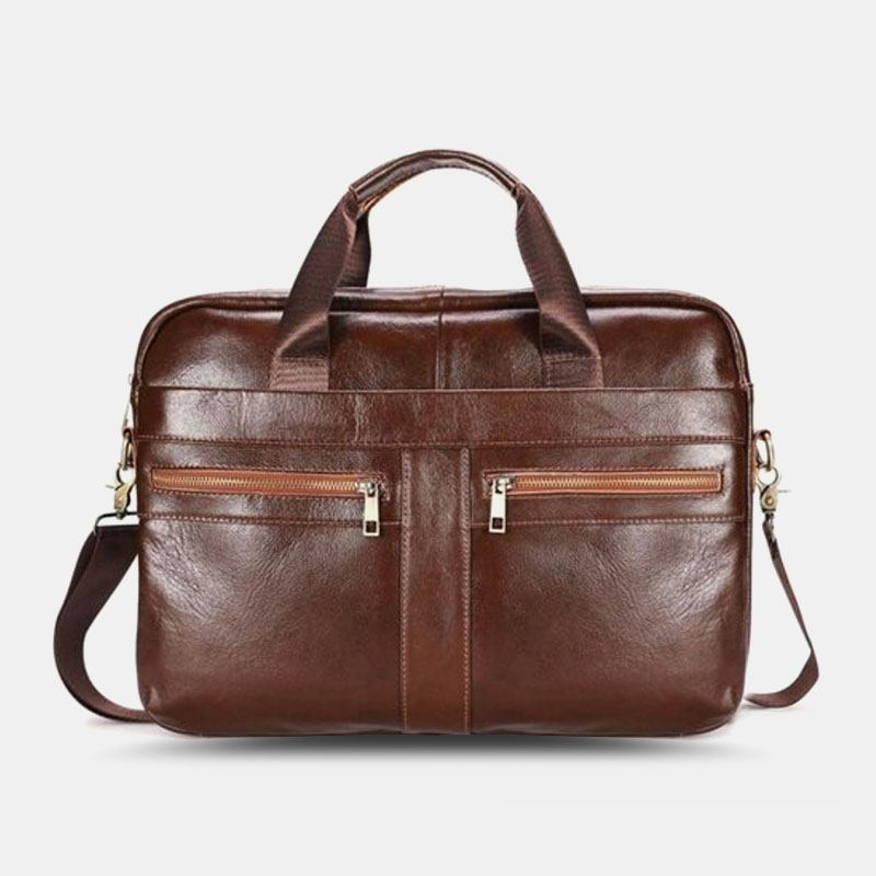 Menn Ekte Skinn Multi-lomme Vintage 14 Tommers Bærbar Veske Messenger Veske Crossbody Vesker Skulderveske Koffert