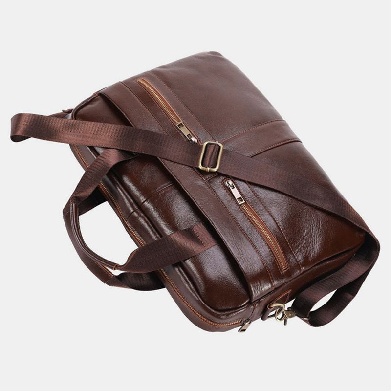 Menn Ekte Skinn Multi-lomme Vintage 14 Tommers Bærbar Veske Messenger Veske Crossbody Vesker Skulderveske Koffert