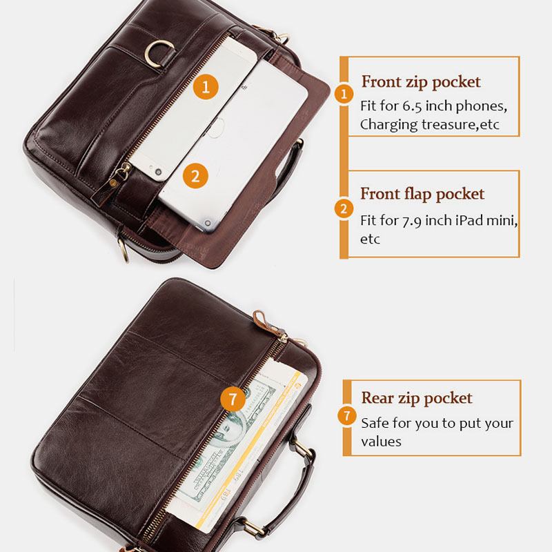 Menn Ekte Skinn Multi-pocket Crossbody Vesker Retro 6.5 Tommers Telefonveske Med Stor Kapasitet Koffert Skulderveske Håndveske