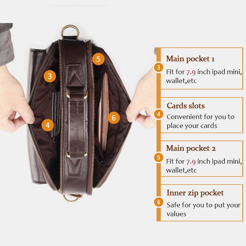 Menn Ekte Skinn Multi-pocket Crossbody Vesker Retro 6.5 Tommers Telefonveske Med Stor Kapasitet Koffert Skulderveske Håndveske