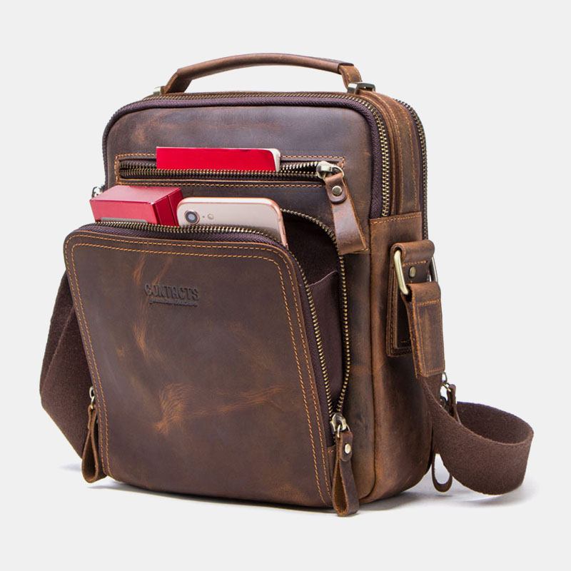 Menn Ekte Skinn Multifunksjon Multi-lomme Vintage Kofferter Messenger Veske Crossbody Veske Håndveske