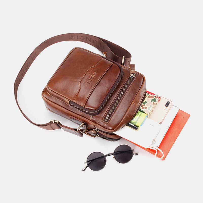 Menn Ekte Skinn Multifunksjon Retro Slitasjebestandig Håndveske Med Stor Kapasitet Skulderveske Cross Body Bag