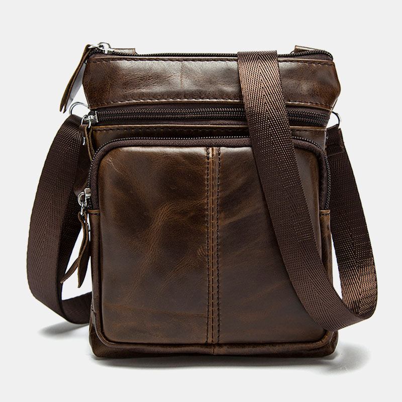 Menn Ekte Skinn Retro Business Ensfarget Skinn Glidelås Crossbody Veske Skulderveske