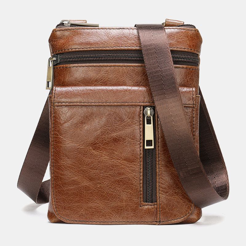 Menn Ekte Skinn Retro Business Ensfarget Skinn Glidelås Crossbody Veske Skulderveske