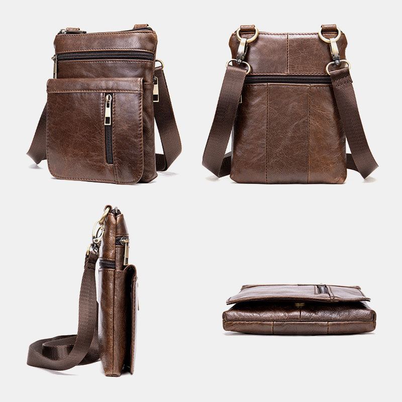 Menn Ekte Skinn Retro Business Ensfarget Skinn Glidelås Crossbody Veske Skulderveske