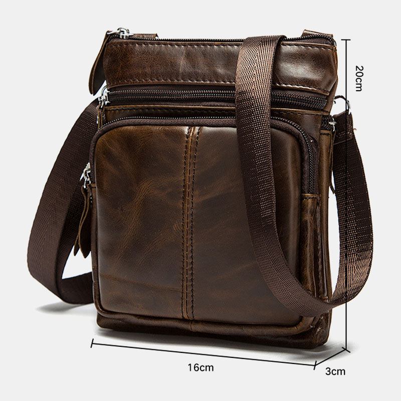 Menn Ekte Skinn Retro Business Ensfarget Skinn Glidelås Crossbody Veske Skulderveske