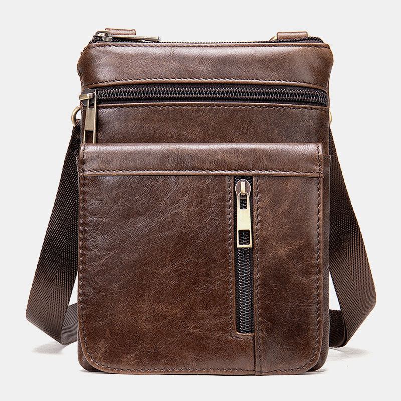 Menn Ekte Skinn Retro Business Ensfarget Skinn Glidelås Crossbody Veske Skulderveske