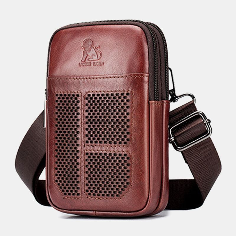 Menn Ekte Skinn Retro Business Fritids Ensfarget Skinn Kuskinn Multi-bære Midjeveske Crossbody Bag