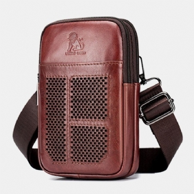 Menn Ekte Skinn Retro Business Fritids Ensfarget Skinn Kuskinn Multi-bære Midjeveske Crossbody Bag