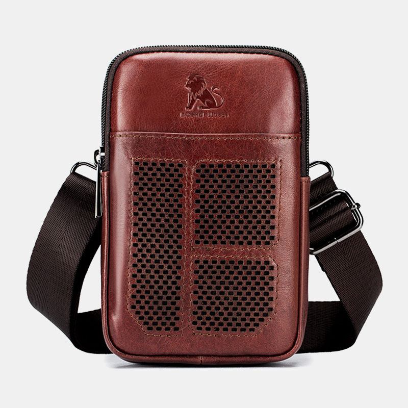 Menn Ekte Skinn Retro Business Fritids Ensfarget Skinn Kuskinn Multi-bære Midjeveske Crossbody Bag