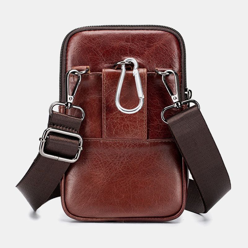 Menn Ekte Skinn Retro Business Fritids Ensfarget Skinn Kuskinn Multi-bære Midjeveske Crossbody Bag