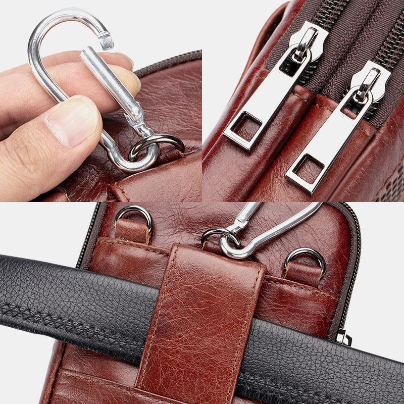 Menn Ekte Skinn Retro Business Fritids Ensfarget Skinn Kuskinn Multi-bære Midjeveske Crossbody Bag