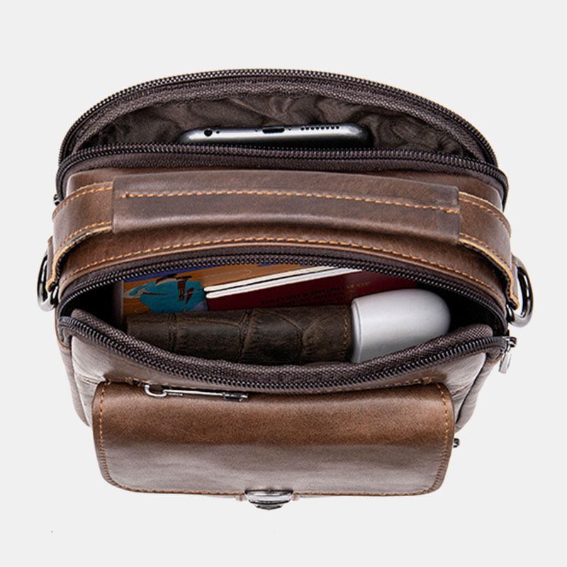 Menn Ekte Skinn Rygg Anti-tyveri Lomme Crossbody Vesker Retro Multi-pocket Slitasjebestandig Messenger Veske Skulderveske