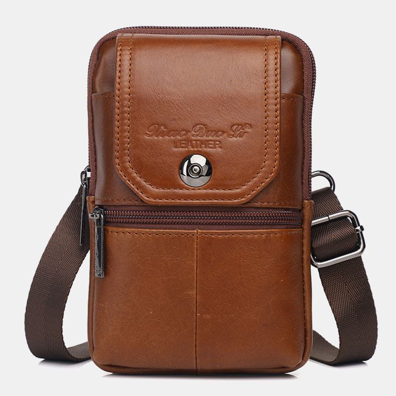 Menn Ekte Skinn Vintage Multikortspor 6.5 Tommers Mini Telefonveske Crossbody Veske Midjeveske Kuskinnsveske