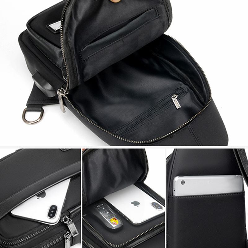 Menn Faux Leather Mote Brystveske Skulderveske Crossbody-veske Med Usb-ladeport