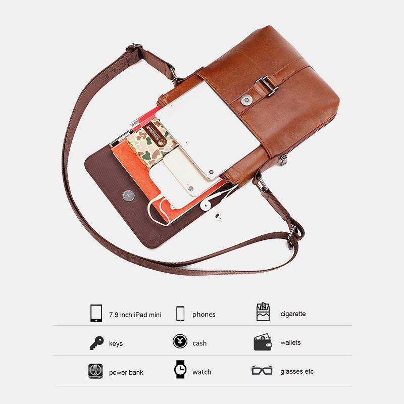 Menn Første Lag Kuskinn Multi-lommer Anti-tyveri Crossbody Skulderveske Retro 7.9 Tommers Ipad-veske